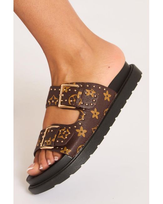 Rebellious Fashion White Faux Leather Logo Monogram Studded Sandals