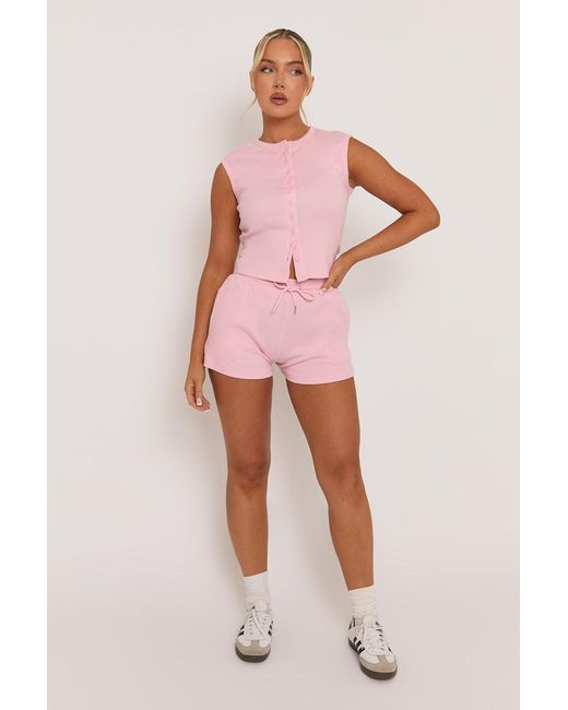 Rebellious Fashion Red Sleeveless Button Front Rib Top And Short Loungewear Co-Ord Set