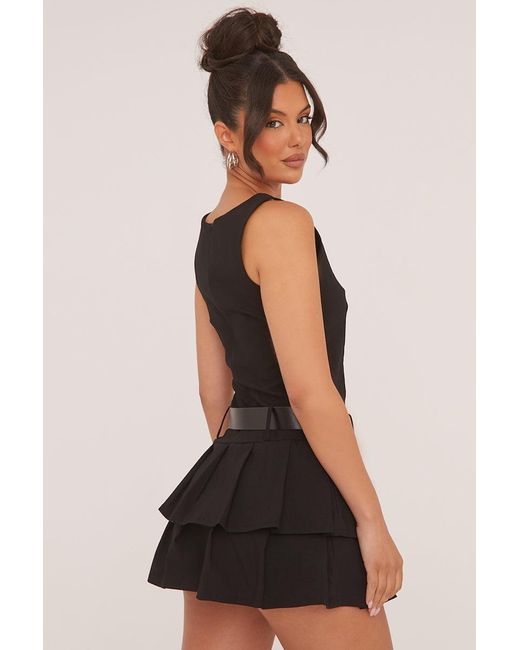 Rebellious Fashion Black Pleated Belt Detail Mini Dress