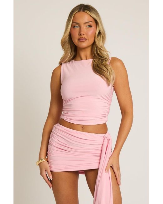Rebellious Fashion Pink Ruched Sleeveless Cropped Top & Mini Skirt Co-Ord Set