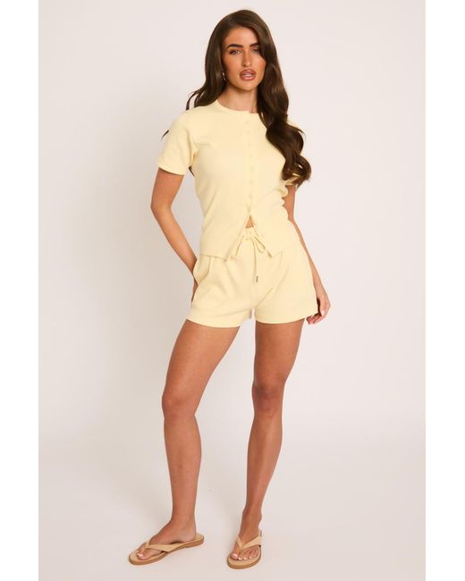 Rebellious Fashion Natural Rib Button Front Top And Short Loungewear Co-Ord Set