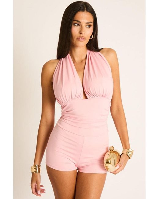 Rebellious Fashion Pink Gathered Plunge Halterneck Playsuit