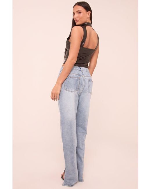 Rebellious Fashion Black Mid Wash Straight Leg Side Split Hem Jeans