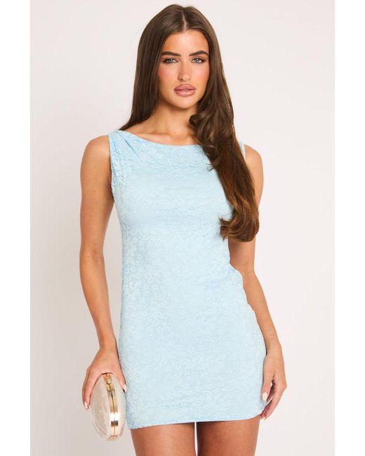 Rebellious Fashion Blue Lace Boat Neck Backless Bodycon Mini Dress
