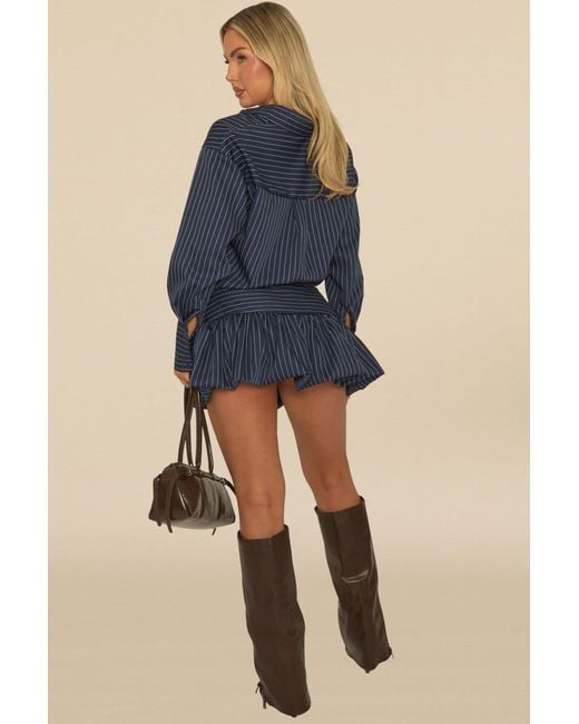 Rebellious Fashion Blue Pinstripe Shirt And Puffball Skirt Co-Ord Set