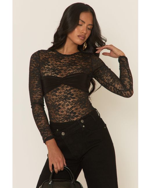 Rebellious Fashion Black Lace Gathered Bust Bodysuit