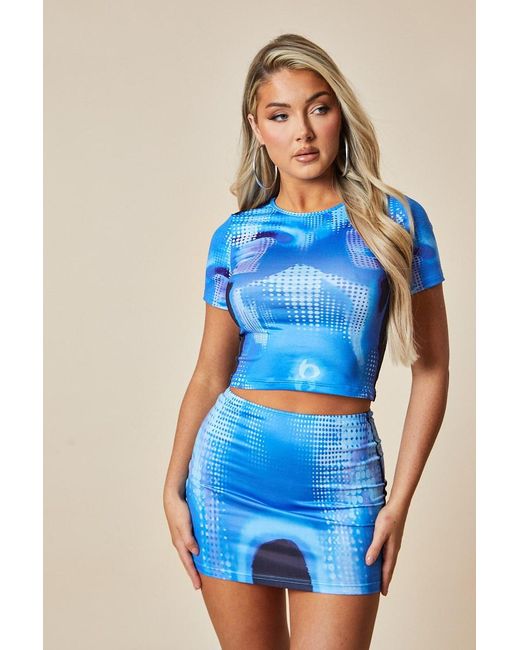 Rebellious Fashion Blue Abstract Body Print Cropped Top & Mini Skirt Set