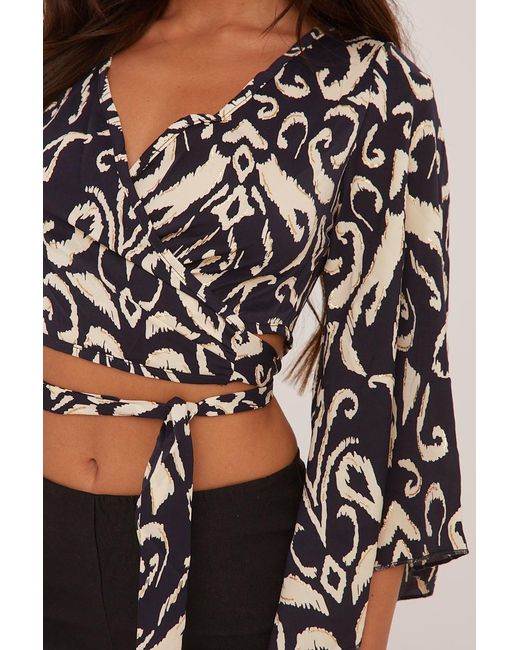 Rebellious Fashion Black Abstract Print Wrap Over Cropped Top