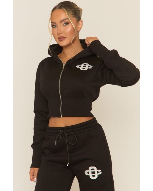 Rebellious Fashion Blue Contrast Motif Cropped Hoodie And Joggers Loungewear Set