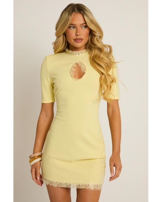 Rebellious Fashion Yellow Shoulder Pad Lace Trim Mini Dress
