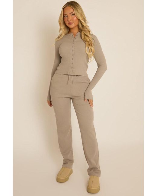 Rebellious Fashion Natural Ribbed Button Front Long Sleeve Top And Trouser Co-Ord