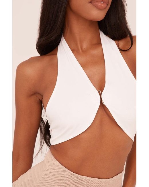 Rebellious Fashion Natural Halter Neck Metal Detail Cropped Top