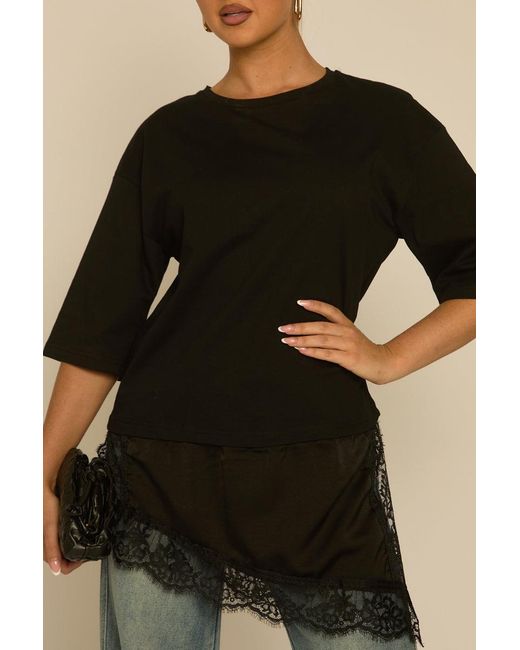 Rebellious Fashion Natural Satin Lace Hem Oversized T-Shirt