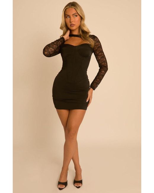 Rebellious Fashion Black Asymmetric Long Sleeve Corset Satin Mini Dress