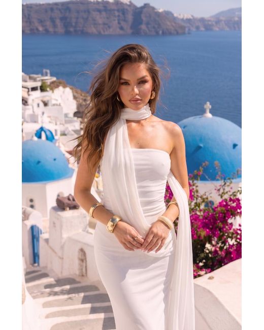 Rebellious Fashion Natural Mesh Scarf Detail Bandeau Maxi Dress