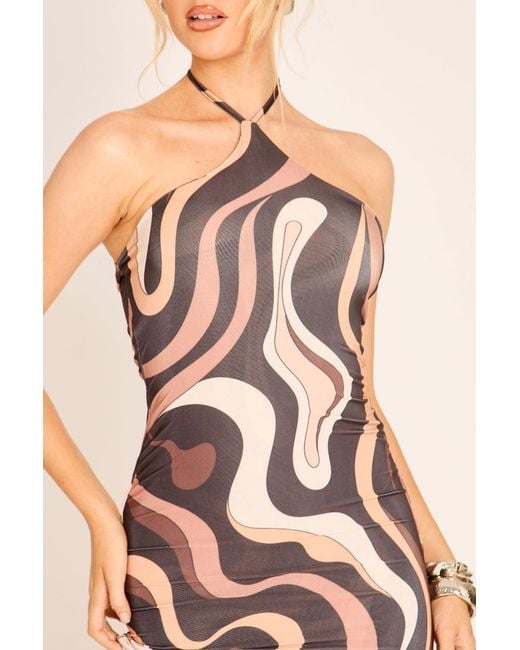Rebellious Fashion Pink Abstract Print Halter Mini Dress