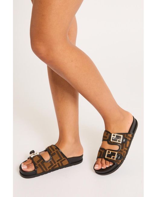 Rebellious Fashion Black Monogram Buckle Detail Slider Sandals