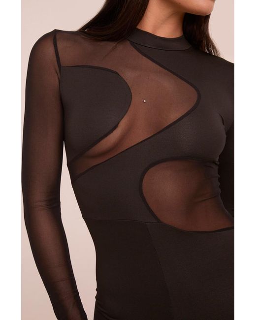 Rebellious Fashion Brown Mesh Panel High Neck Long Sleeves Playsuit