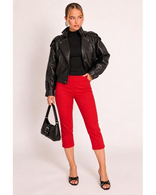 Rebellious Fashion Red Bengaline Split Hem Capri Pants