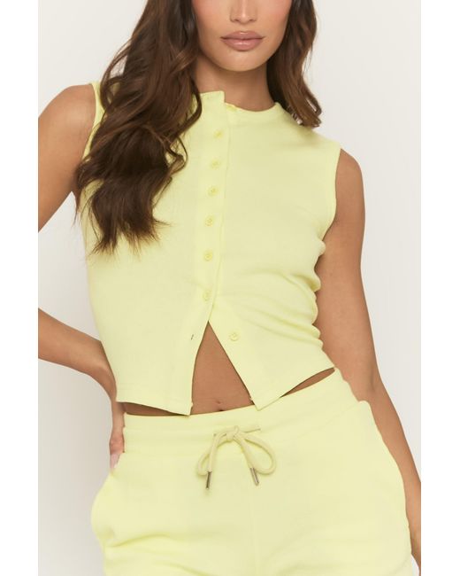 Rebellious Fashion Yellow Sleeveless Button Front Rib Top And Short Loungewear Co-Ord Set