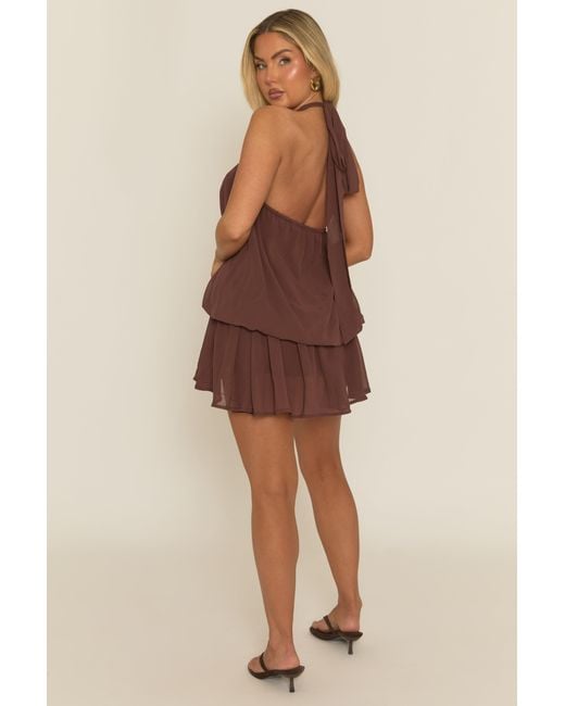 Rebellious Fashion Brown Halterneck Blouson Mini Dress