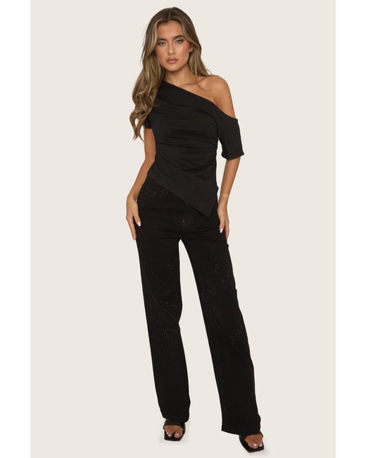 Rebellious Fashion Black Stretch Denim Diamante Wide Leg Jeans