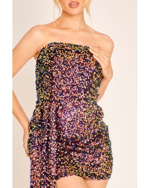 Rebellious Fashion Pink Multi Sequin Bandeau Drape Mini Dress