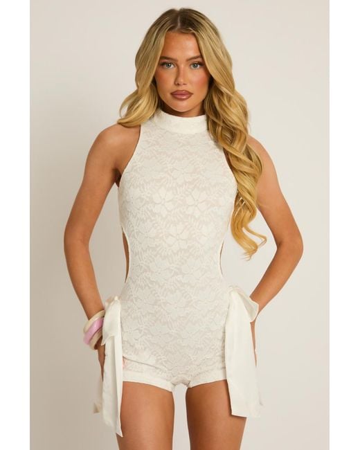 Rebellious Fashion Natural Lace Cut Out Bow Detail Playsuit