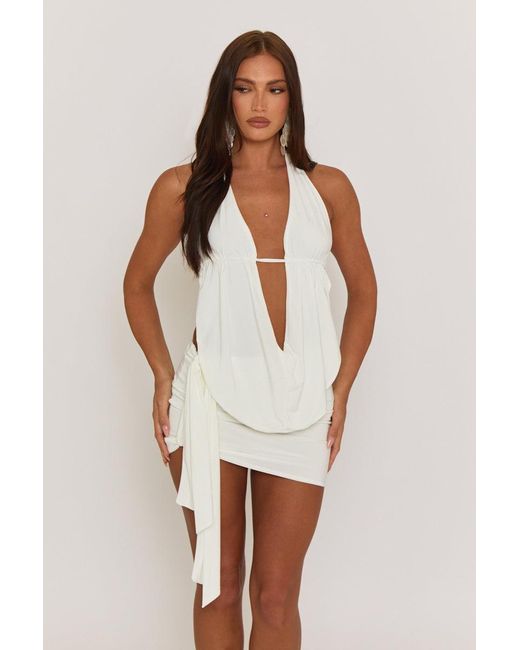 Rebellious Fashion White Plunge Neck Cowl Detail Top & Mini Skirt Co-Ord Set