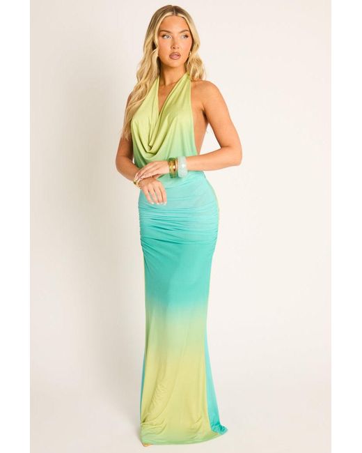 Rebellious Fashion Blue Ombre Printed Cowl Maxi Dress