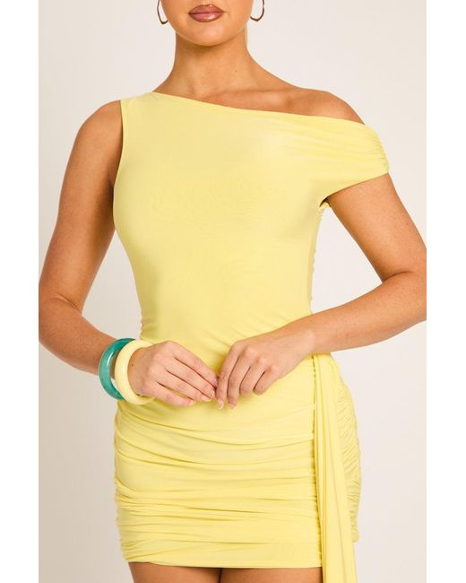 Rebellious Fashion Yellow Slinky Off Shoulder Drape Mini Dress