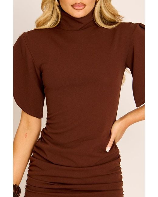 Rebellious Fashion Brown High Neck Ruched Mini Dress