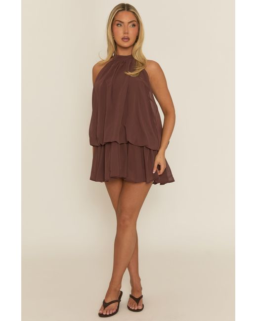 Rebellious Fashion Brown Halterneck Blouson Mini Dress