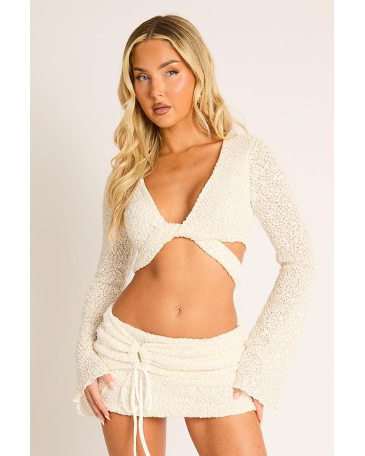 Rebellious Fashion Natural Sequin Crop Top And Mini Skirt Co-Ord Set
