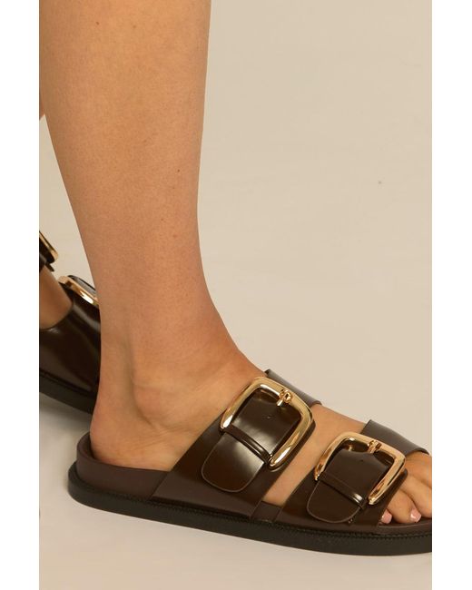 Rebellious Fashion Natural Faux Leather Buckle Detail Slider Sandals