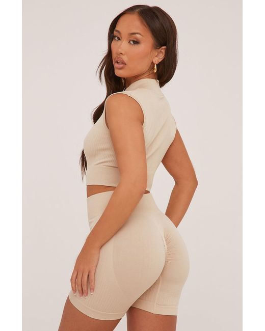 Rebellious Fashion Natural Zip Front Seamless Cropped Top & Shorts Co-Ord Set