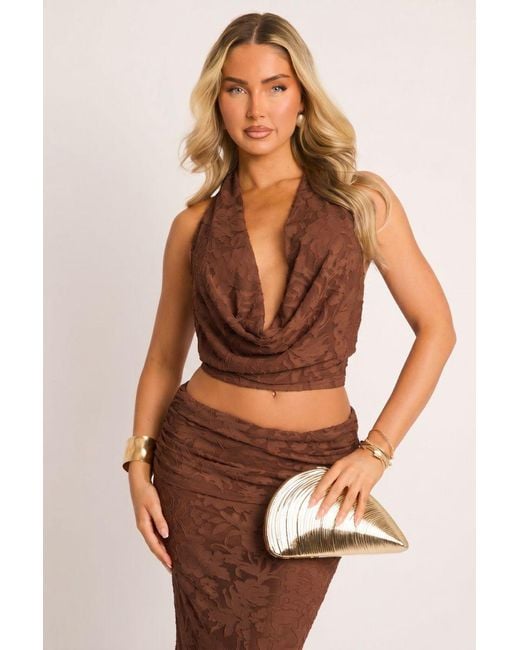 Rebellious Fashion Brown Burnout Floral Cowl Halterneck Top And Maxi Skirt Co-Ord Set