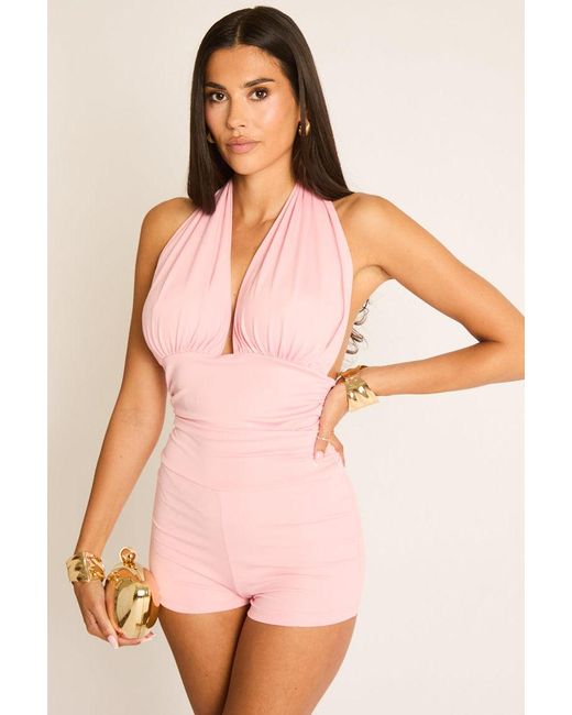 Rebellious Fashion Pink Gathered Plunge Halterneck Playsuit