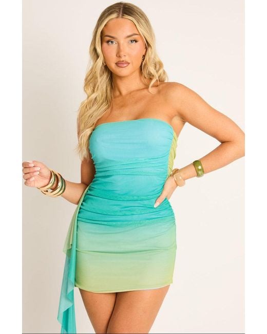 Rebellious Fashion Blue Ombre Printed Mesh Bandeau Mini Dress