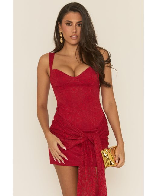 Rebellious Fashion Red Lace Corset Detail Drape Mini Dress