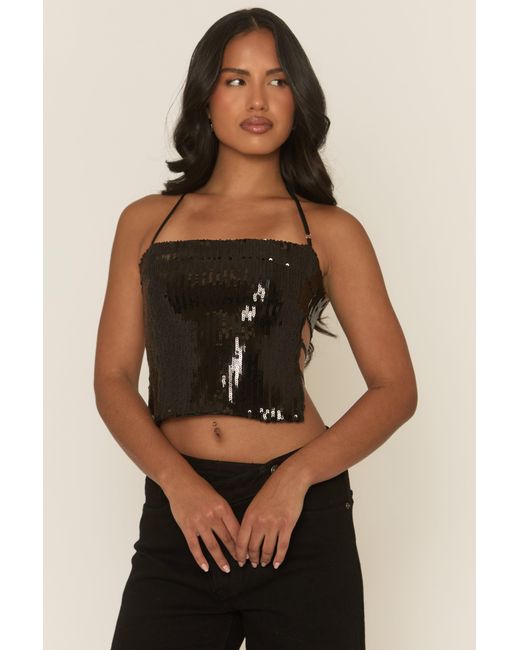 Rebellious Fashion Black Sequin Cowl Halterneck Crop Top