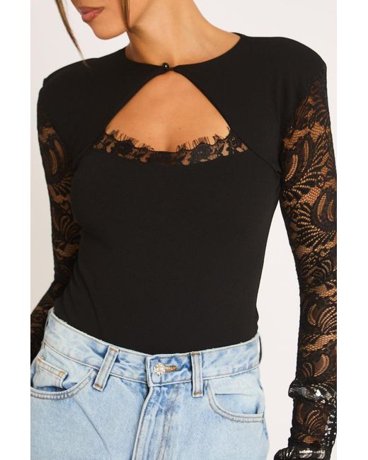 Rebellious Fashion Black Shoulder Pad Lace Long Sleeve Bodysuit
