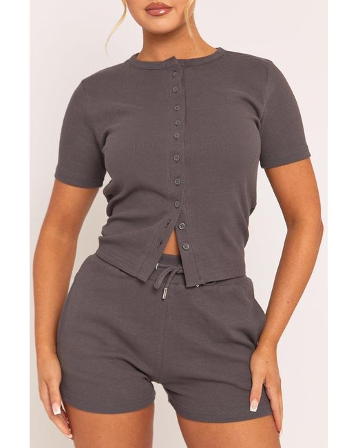 Rebellious Fashion Gray Charcoal Rib Button Front Top And Short Co-Ord Set