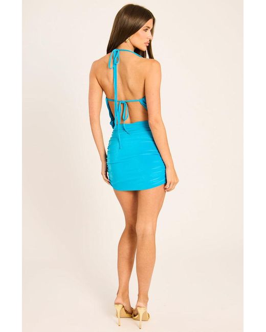Rebellious Fashion Blue Draped Slinky Cowl Top And Skirt Co-Ord Set