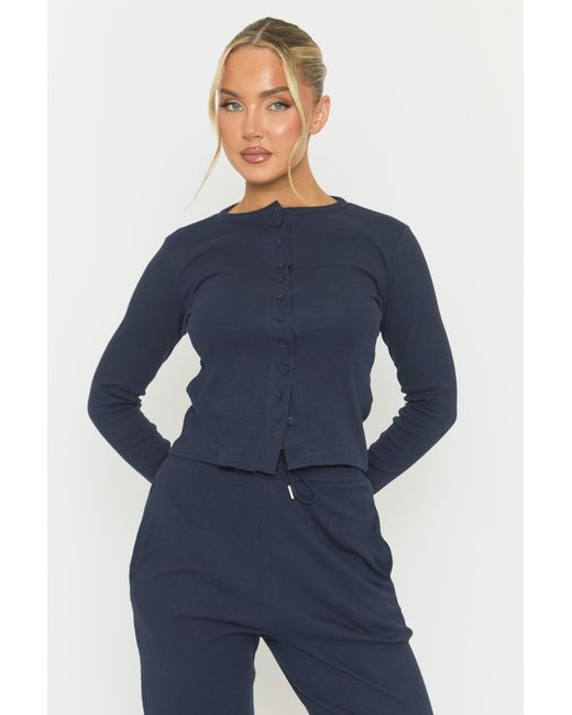 Rebellious Fashion Blue Button Front Long Sleeve Top And Trouser Loungewear Co-Ord Set