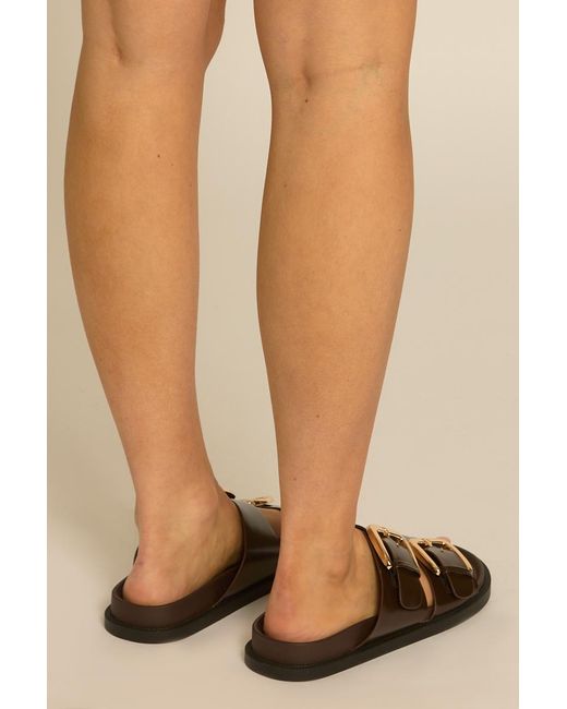 Rebellious Fashion Natural Faux Leather Buckle Detail Slider Sandals
