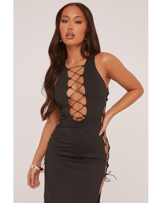 Rebellious Fashion Black Lace Up Detail Maxi Dress