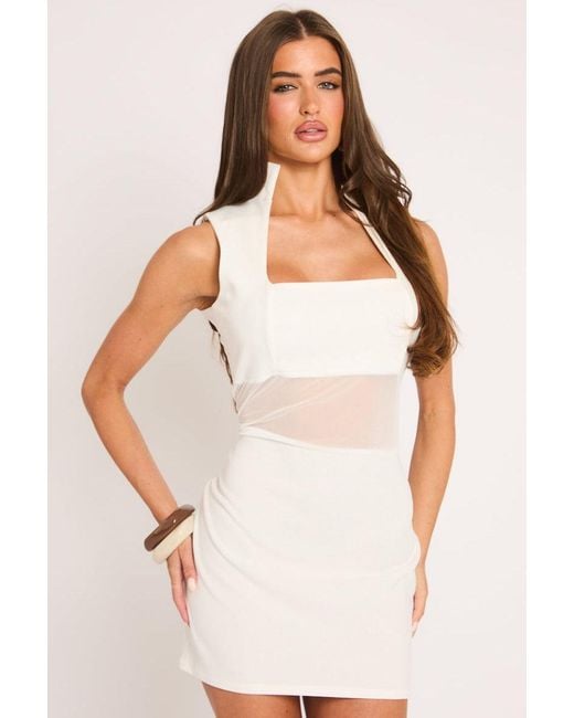 Rebellious Fashion White Mesh Insert Collared Mini Dress