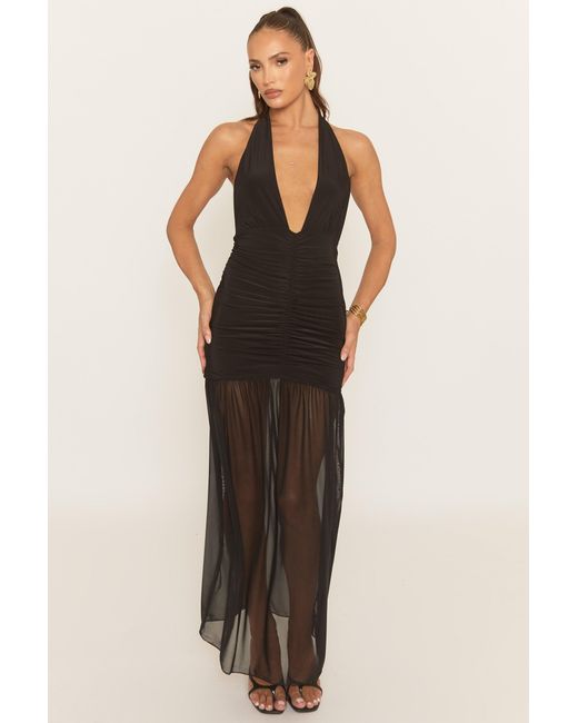 Rebellious Fashion Black Plunge Halterneck Ruched Maxi Dress