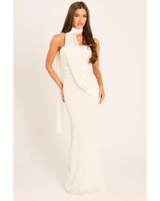 Rebellious Fashion Natural Mesh Scarf Detail Bandeau Maxi Dress